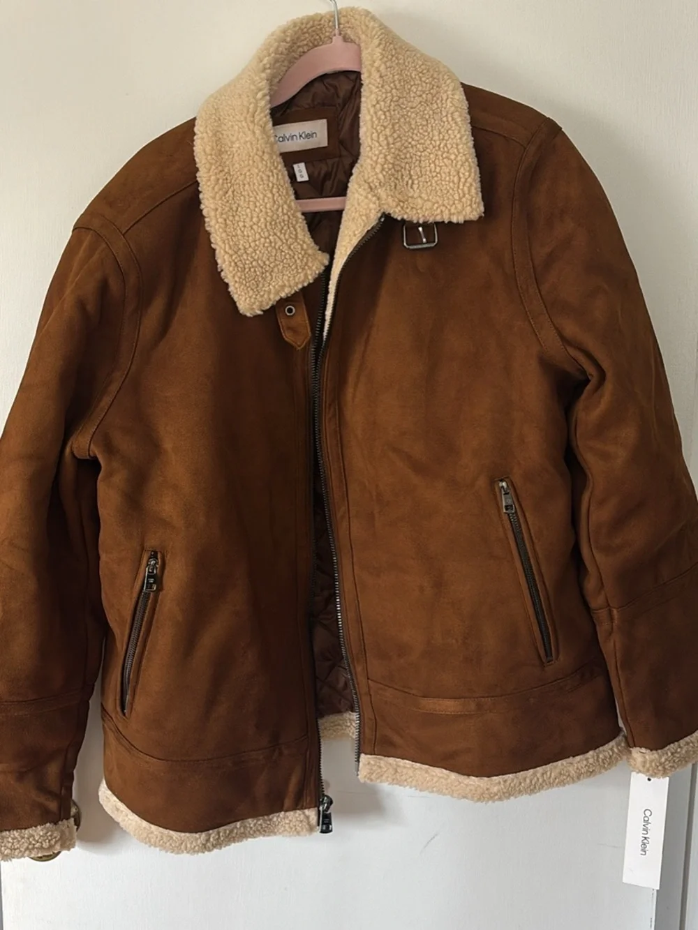 Calvin Klein Chestnut Brown Suede Bomber with Cream Shearling Trim